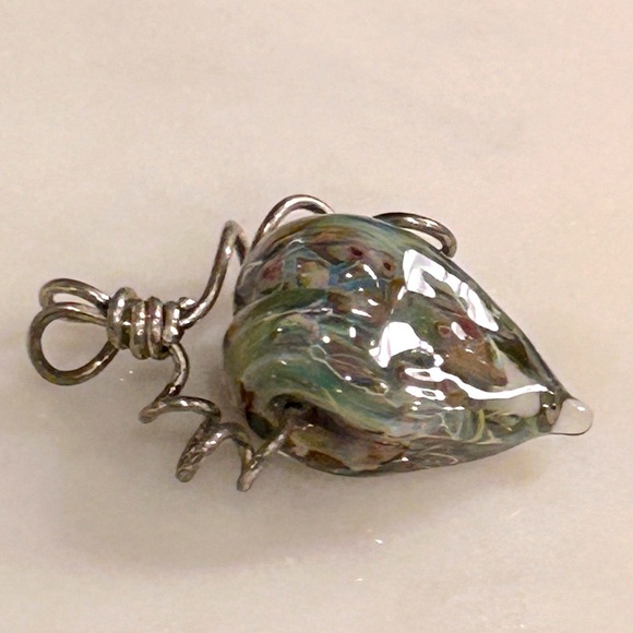 Heart Shaped Glass Blown Pendant Hand Crafted Green Blue Tan - Picture 6 of 11